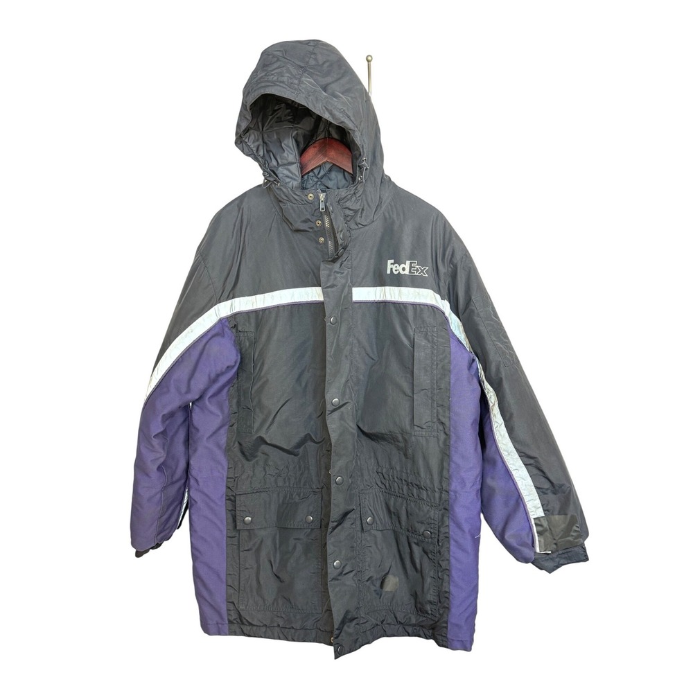 FedEx Parka Jacket Mens XL Black Purple Nylon PrimaLoft Reflective Stan Herman‎